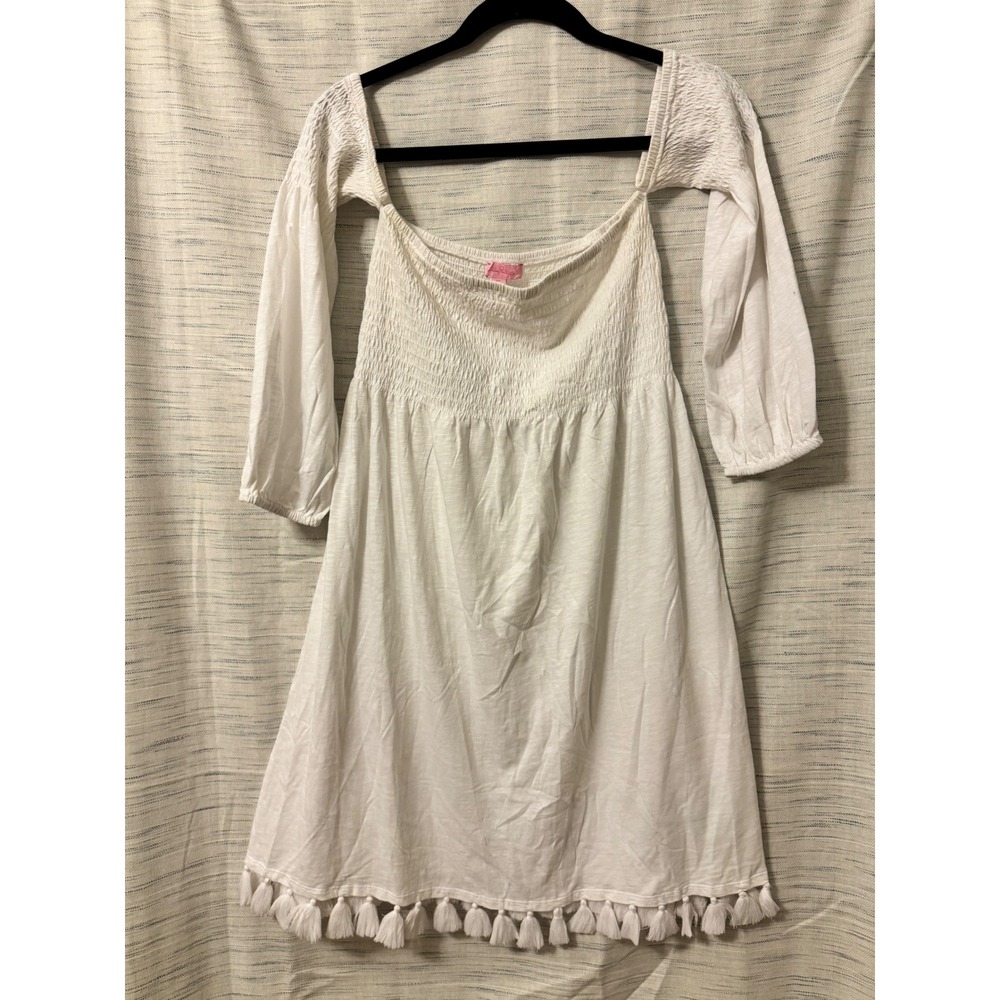 Lilly Pulitzer White Smocked Off The Shoulder Tassel Hem Mini Dress XS